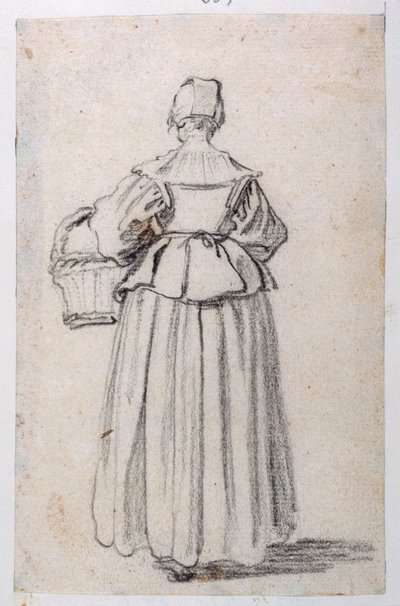後ろ向きの人物（紙に黒チョーク 作： Jacques Callot