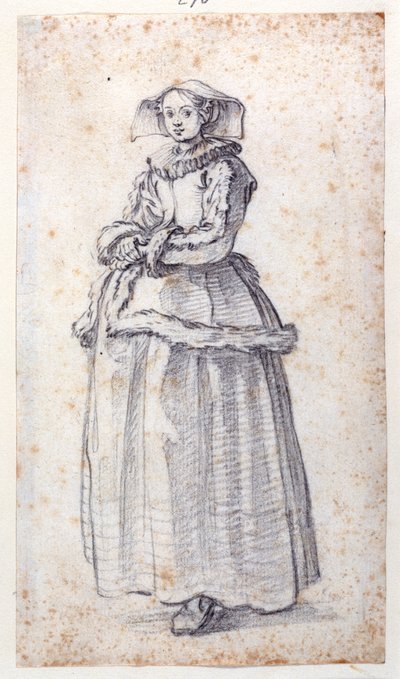 毛皮のついたドレスを着た人物（紙に黒チョーク 作： Jacques Callot