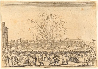 アルノ川の花火、フィレンツェ、c。 1622年。 作： Jacques Callot