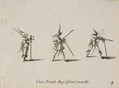 マスケット銃の発射、「軍事演習」のプレート 9 作： Jacques Callot