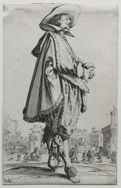 握り手で横顔で立っている紳士。 作： Jacques Callot