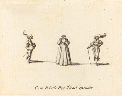 後ろから見た女性と 2 人の紳士、おそらく 1634 年。 作： Jacques Callot