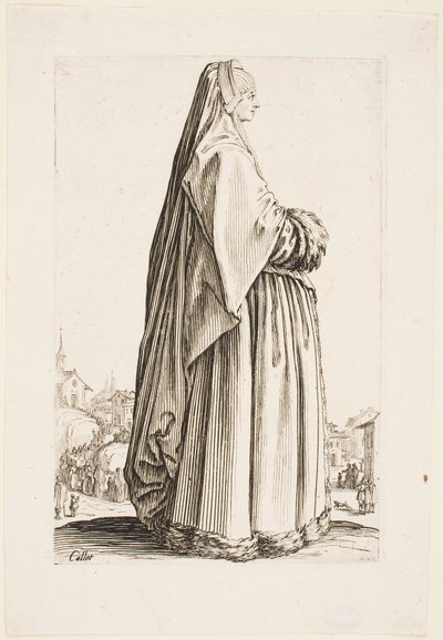 シリーズ「ロレーヌの貴族」より、長いベールと毛皮で飾られたガウンの女性 作： Jacques Callot