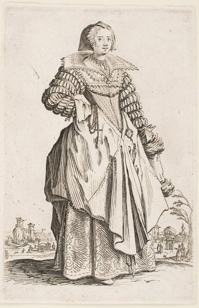 シリーズ「ロレーヌの貴族」より、広襟の貴婦人 作： Jacques Callot