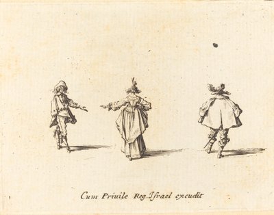 後ろから見た腕を広げた女性と二人の紳士 作： Jacques Callot