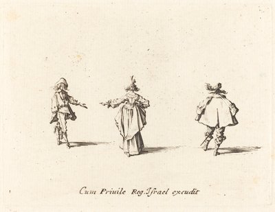 後ろから見た腕を広げた女性と二人の紳士 作： Jacques Callot