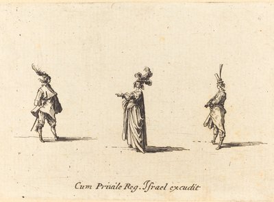 羽毛帽子の貴婦人と二人の紳士 作： Jacques Callot