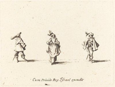 羽毛の貴婦人と二人の紳士、おそらく 1634 年。 作： Jacques Callot