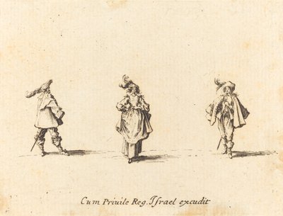 羽毛の貴婦人と二人の紳士、おそらく 1634 年。 作： Jacques Callot