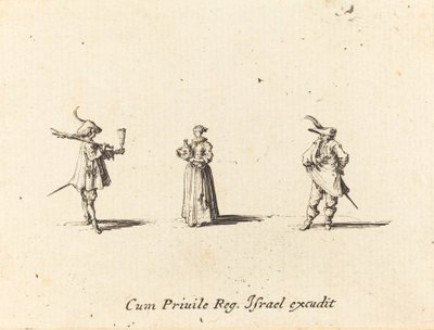 ワインボトルを持つ女性と二人の紳士 作： Jacques Callot