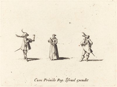 ワインボトルを持った貴婦人と二人の紳士、おそらく1634年。 作： Jacques Callot
