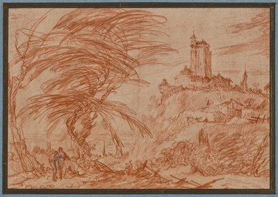 風景、右の丘に大きな塔、左に木立と数人の人物 作： Jacques Callot