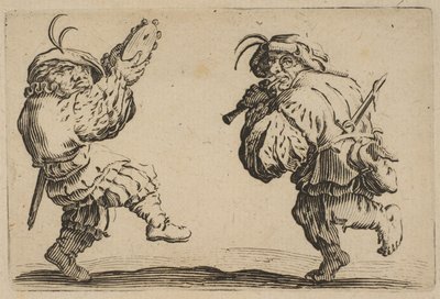 フルートとタンボリンのダンサール、フルートとタンブールを演奏する2人のダンサー...、1617年〜20年。 作： Jacques Callot