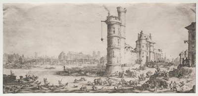 パリの2つの素晴らしい景色：ポンヌフ橋の眺め、1628-1616年。 作： Jacques Callot