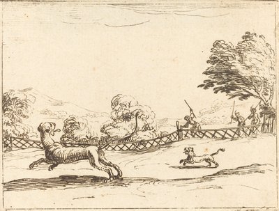ハンターに追われる雌ライオンとカブ 作： Jacques Callot