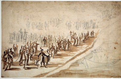 ルイ13世（1601年-1643年）とリシュリュー（1585年-1642年）がレ島のための軍隊の部署に出席する様子。ジャック・カロ(1592-1635)の描いた絵 作： Jacques Callot