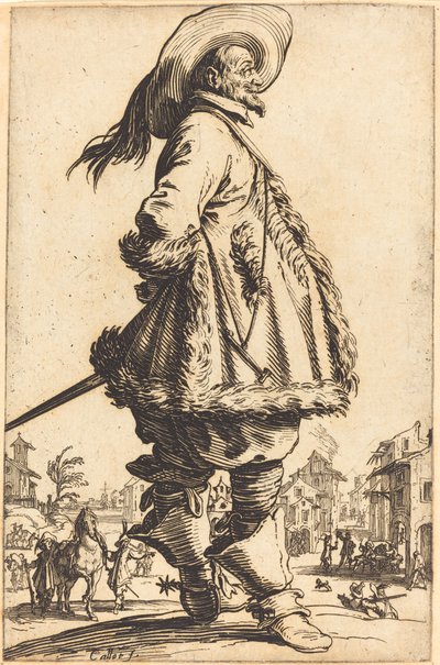 毛皮で整えられたマントを持ち、両手を後ろに持つ高貴な男性 作： Jacques Callot