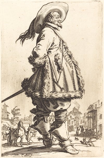 毛皮で整えられたマントを持ち、両手を後ろに持つ高貴な男性 作： Jacques Callot