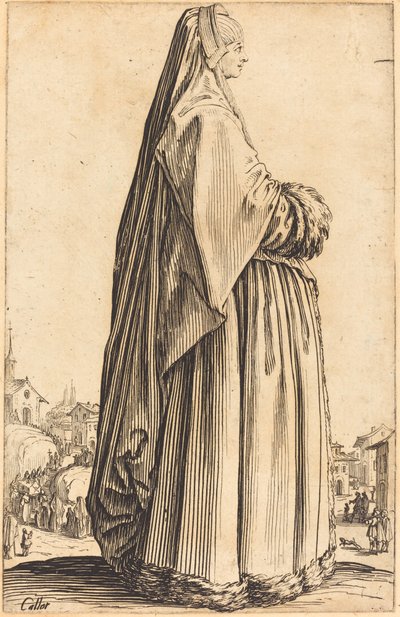 ベールと毛皮でトリミングされたドレスを身に着けている高貴な女性 作： Jacques Callot