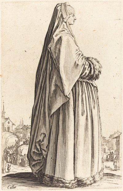 ベールと毛皮でトリミングされたドレスを身に着けている高貴な女性 作： Jacques Callot