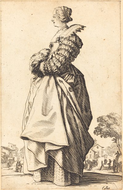 マフに手を入れた横顔の高貴な女性 作： Jacques Callot