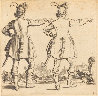後ろから見た帽子に羽をつけた将校、1617年と1621年。 作： Jacques Callot