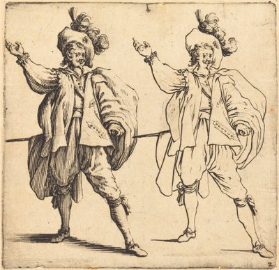 大きなプルームを持つ将校、正面図、1617年と1621年。 作： Jacques Callot
