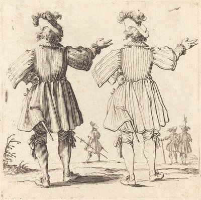 1617年と1621年、後ろから見たプルームを持つ将校。 作： Jacques Callot