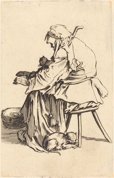 猫を連れた老婆」1622年頃 作： Jacques Callot