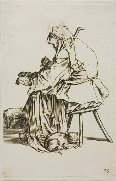 猫を連れた老婦人、「ベガーズ」のプレート 25 作： Jacques Callot
