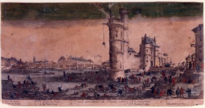 パリ、シテ島、ポンヌフとネスルの塔。ジャック・カロの版画。. 作： Jacques Callot