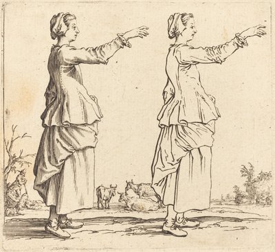 農民の女性、横顔、右向き、腕を伸ばす 作： Jacques Callot