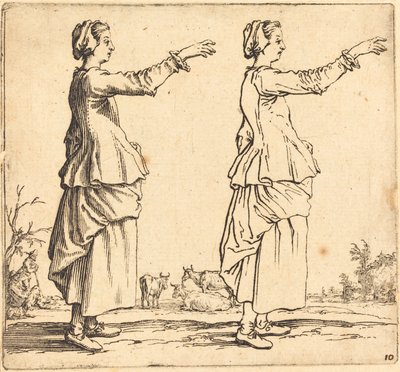 農民の女性、横顔、右向き、腕を伸ばして、1617年と1621年。 作： Jacques Callot