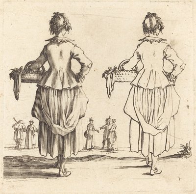 後ろから見たバスケットを持つ農民の女性 作： Jacques Callot