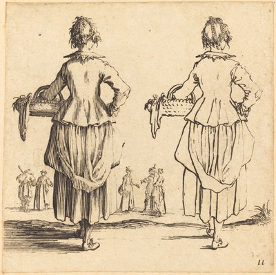 後ろから見たバスケットを持つ農民の女性 作： Jacques Callot