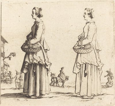 農民, 女, ∥で∥, バスケット, 中に, プロフィール, 正面を向いている, 左 作： Jacques Callot