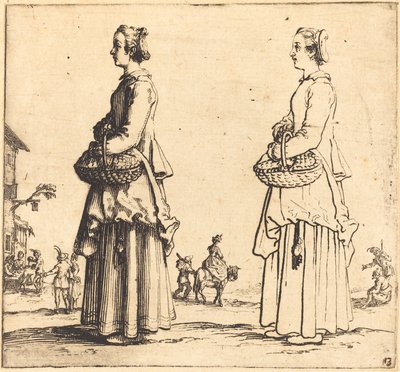 バスケットを持つ農民の女性、横顔、左向き、1617年と1621年。 作： Jacques Callot