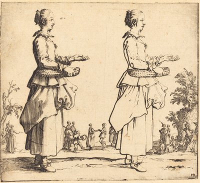 バスケットを持つ農民の女性、横顔、右向き、1617年と1621年。 作： Jacques Callot