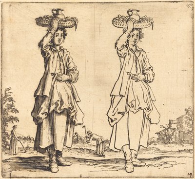 農民, 女, ∥で∥, バスケット, 上に, 頭, 正面図 作： Jacques Callot