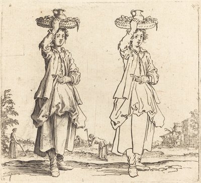 かごをかぶった農民の女性、正面図、1617年と1621年。 作： Jacques Callot