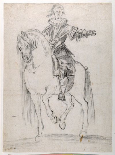 馬に乗ったルイ13世のスケッチ（紙に黒チョーク 作： Jacques Callot