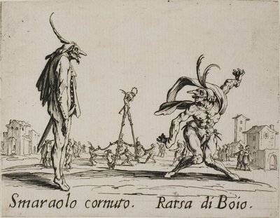 角のあるスマラオロ - 処刑人のラツァ、Balli di Sfessania のプレート 4 作： Jacques Callot