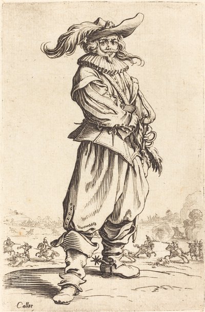羽のついた帽子をかぶった兵士 作： Jacques Callot