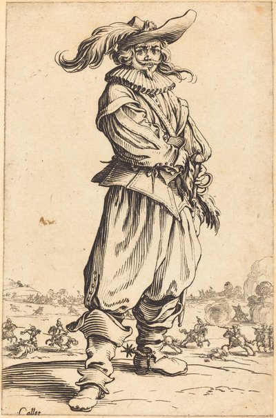 羽のついた帽子をかぶった兵士 作： Jacques Callot