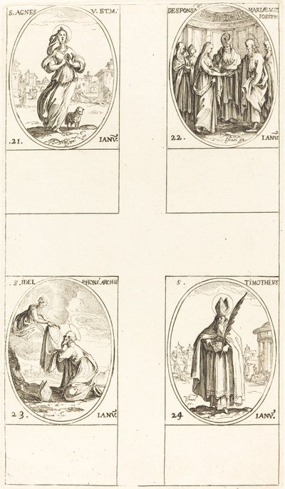 聖アグネス; 処女の結婚; 聖イルデフォンソス; 聖テモテ 作： Jacques Callot