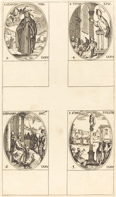 聖ジュヌビエーブ。 聖タイタス; 聖シメオンのスタイライト。 悟り 作： Jacques Callot