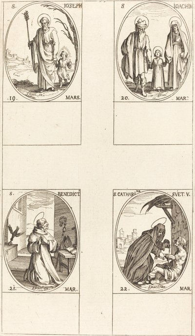 聖ヨセフ、聖ヨアヒム、聖ベネディクト、修道院長、スウェーデンの聖カタリナ。 作： Jacques Callot