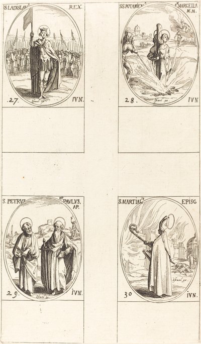 聖ラディスラス、聖ポタミアナとマルセラ、使徒の聖ペテロとパウロ、聖マルシア。 作： Jacques Callot