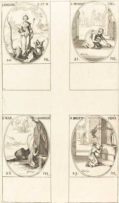 アンティオキアの聖マーガレット。 聖プラクセデス。 聖マグダラのマリア。 スウェーデンの聖ブリジット 作： Jacques Callot