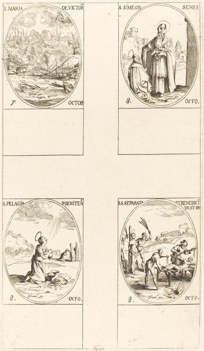 勝利の聖マリア、聖シメオン、預言者、聖ペラギア、聖。 レパラータとベネディクタ。 作： Jacques Callot